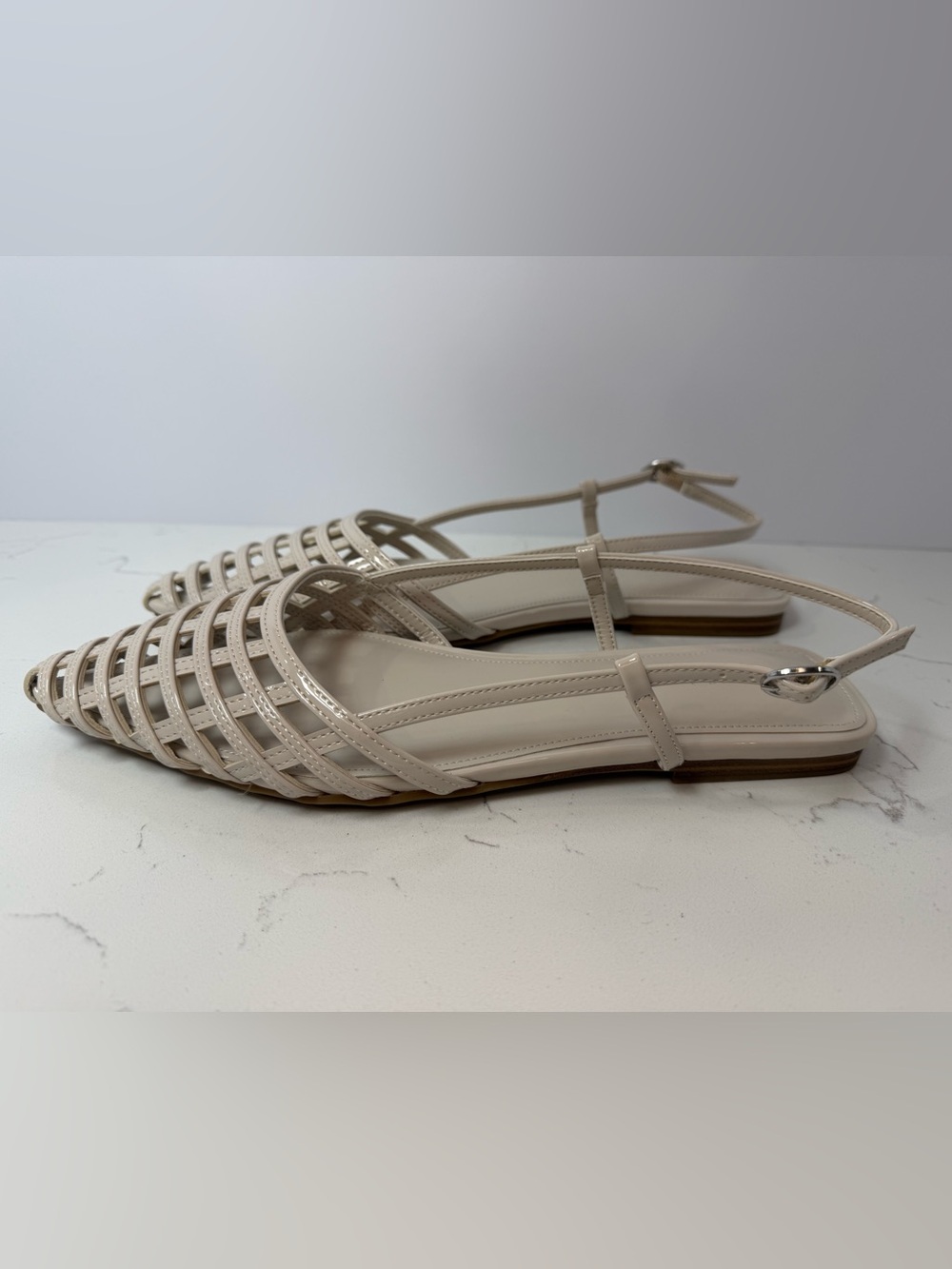 Calvin Klein Ivory Patent Woven Pointed Slingback Flats - Picture 3 of 4